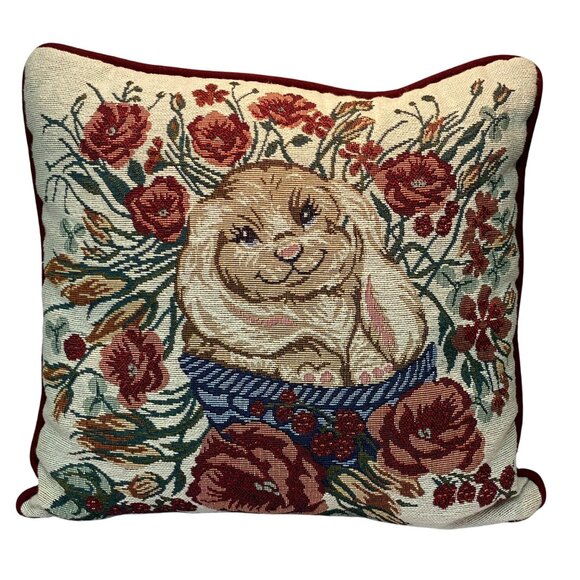 Rabbit & Floral Tapestry Throw Pillow Cover With Burgundy Trim 18x18 Inches - Picture 1 of 11